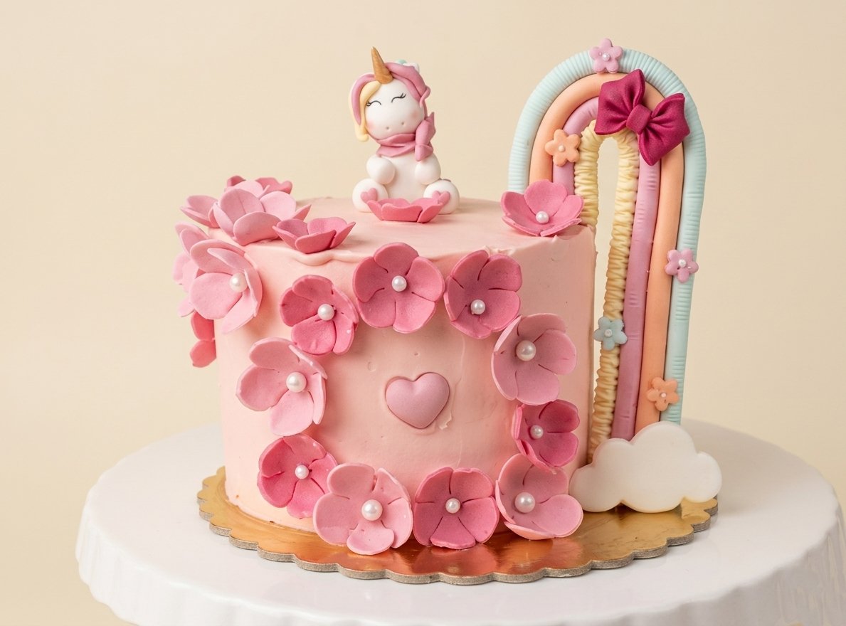 Enhörning och regnbåge tårta med rosa fondantblommor