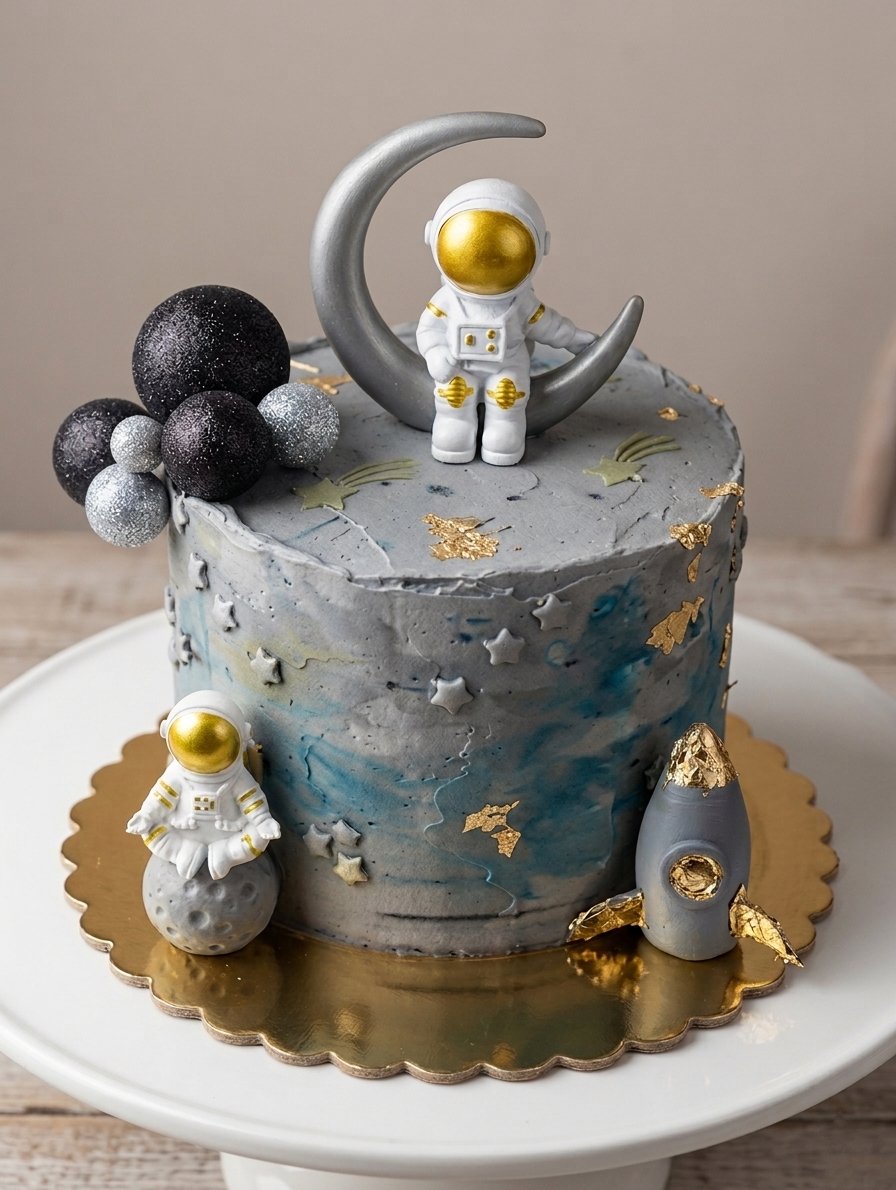 Rymdtemad tårta med astronautfiguriner och guldstjärnor