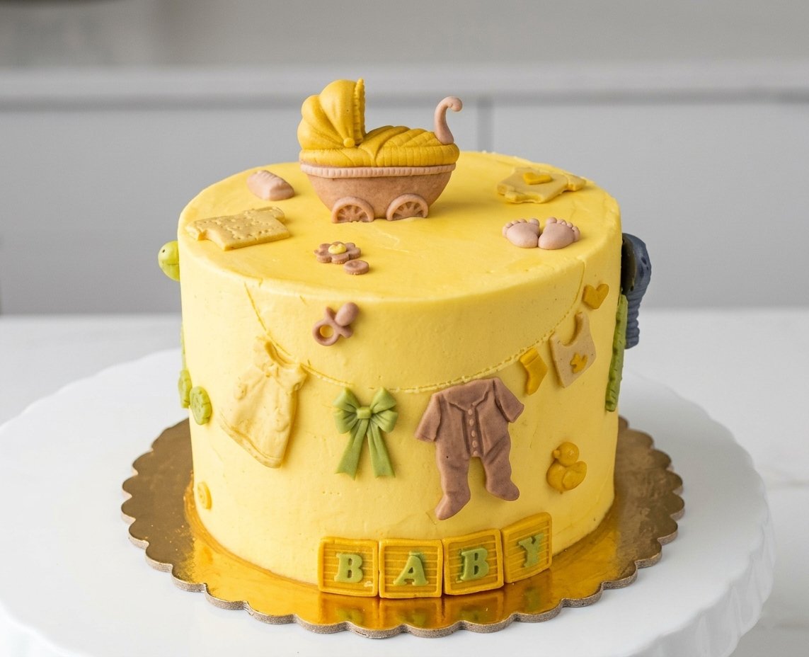 Gul baby shower tårta med fondantvagn och BABY-bokstäver